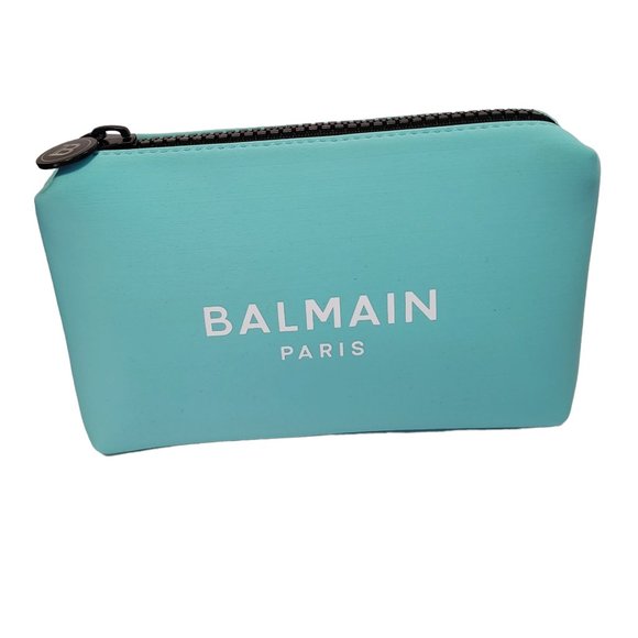 Balmain Paris Cosmetic Bag Turquoise Blue Neoprene Padded Logo Zipper New - Picture 5 of 13